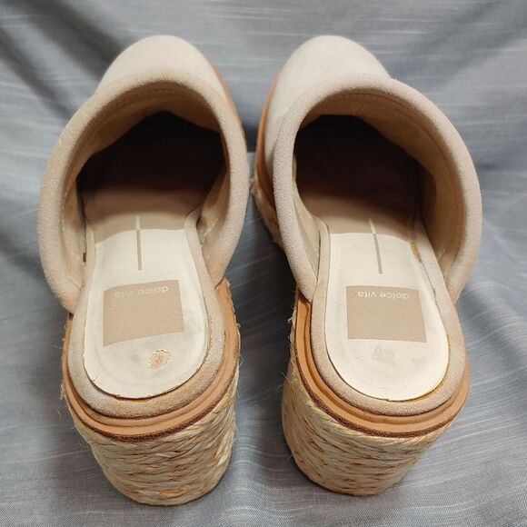 Dolce Vita Camdin Beige Dune Suede Leather Raffia Clogs Platforms Heels Womens 8 - Picture 6 of 10